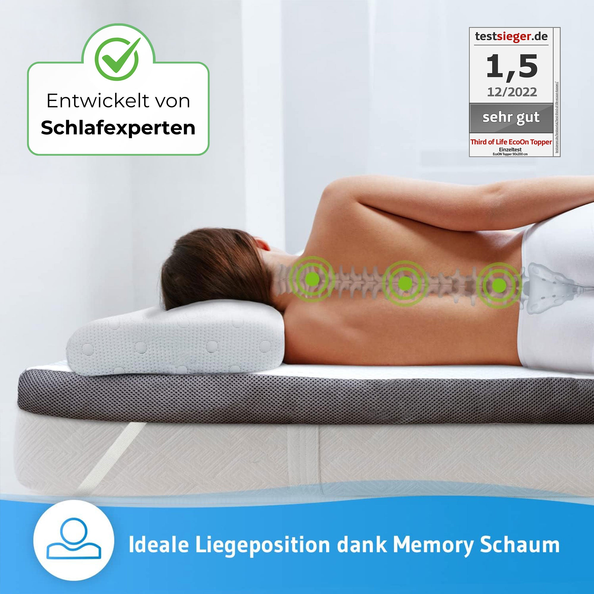 Topper EcoON - Ergonomische Matratzentopper aus Memory-Schaum mit Bezug aus nachhaltigem Tencel - Third of Life