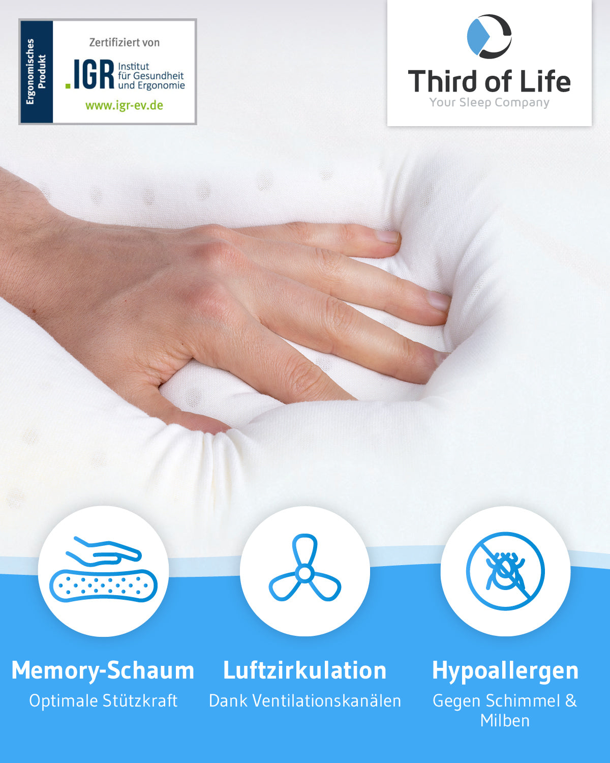 GIANFAR Nackenstützkissen mit Nackenbogen aus Visco Schaum mit Klimabezug - Third of Life