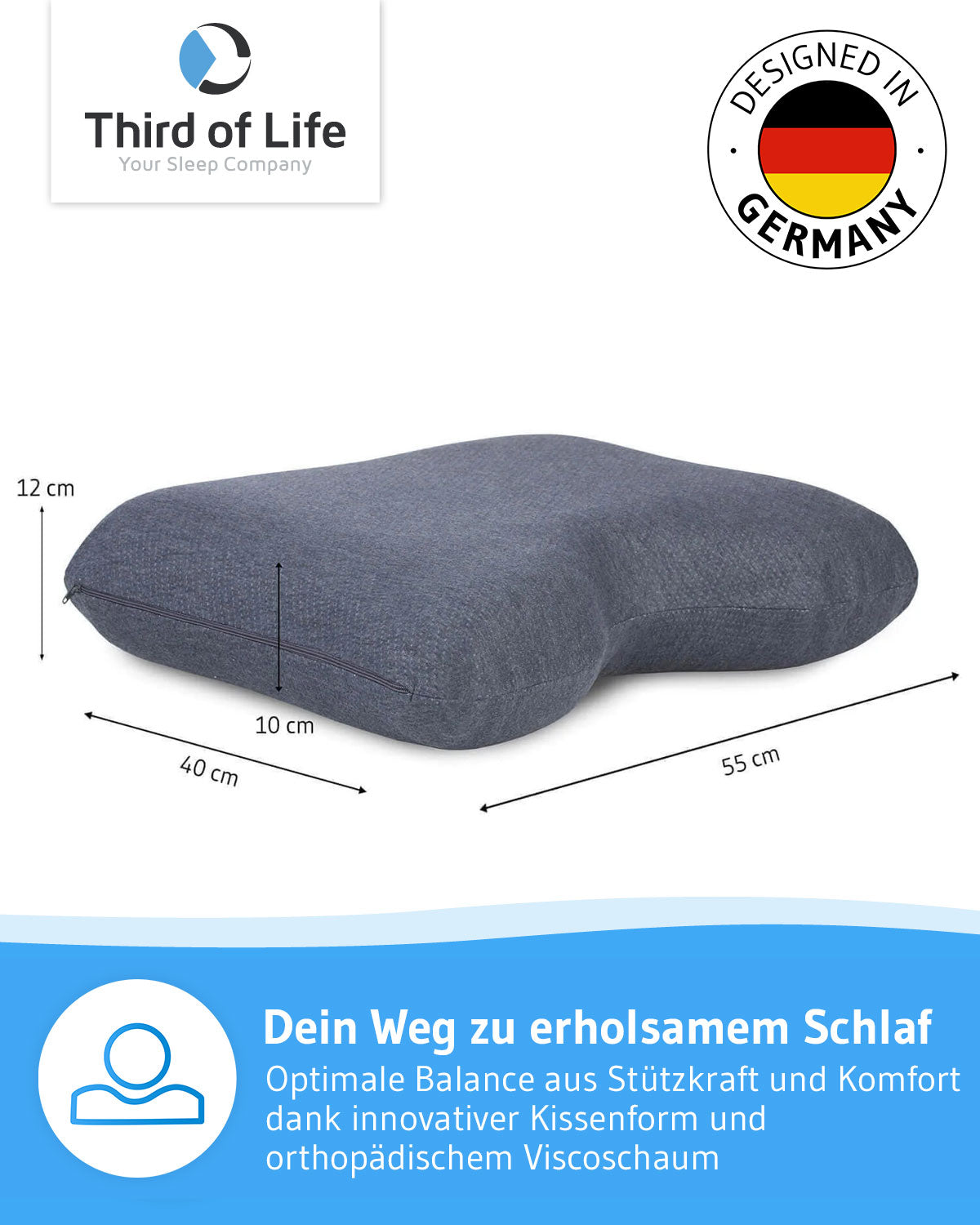 GIANFAR Nackenstützkissen mit Nackenbogen aus Visco Schaum mit Klimabezug - Third of Life