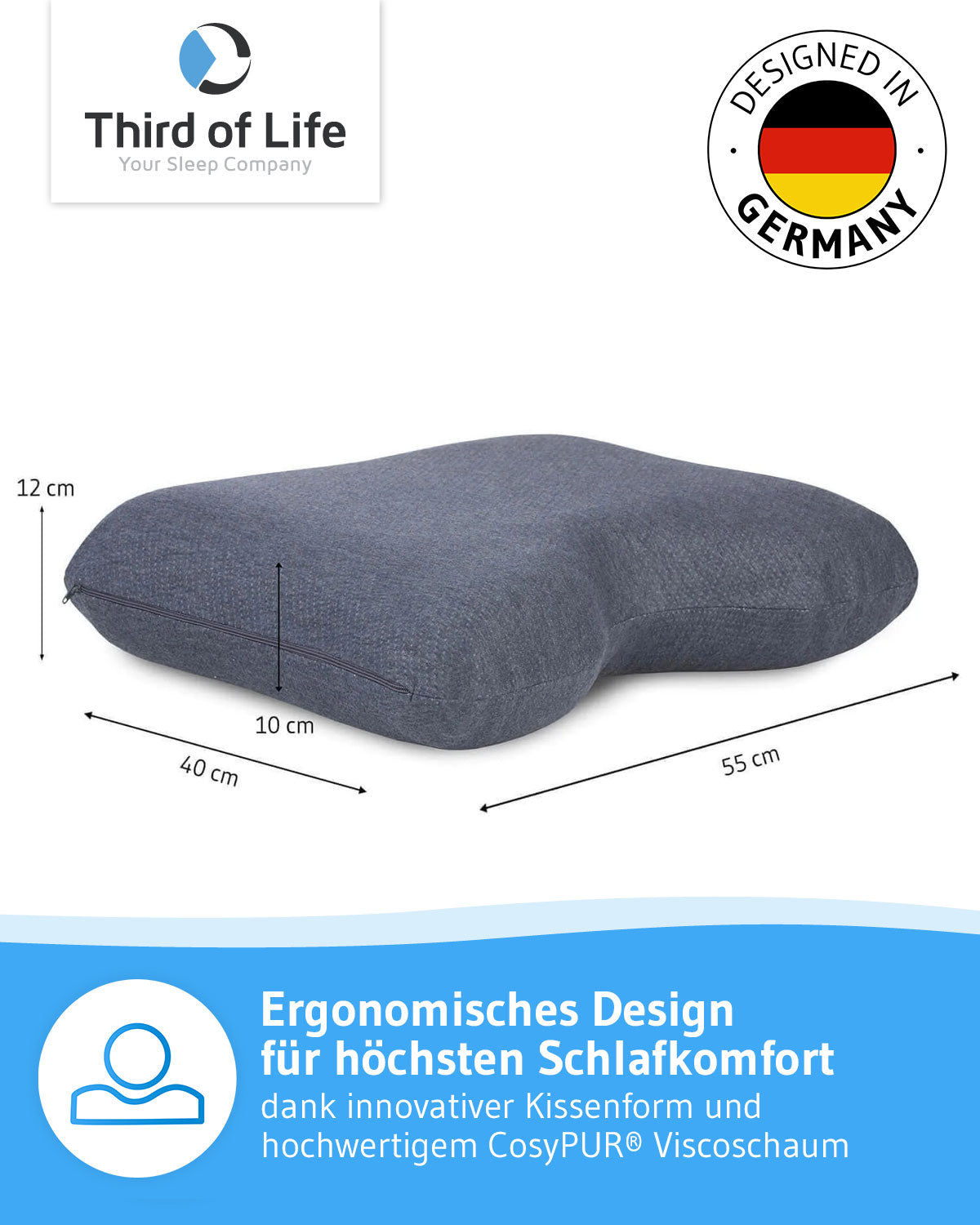 GIANFAR Nackenstützkissen mit Nackenbogen aus Visco Schaum mit Klimabezug - Third of Life