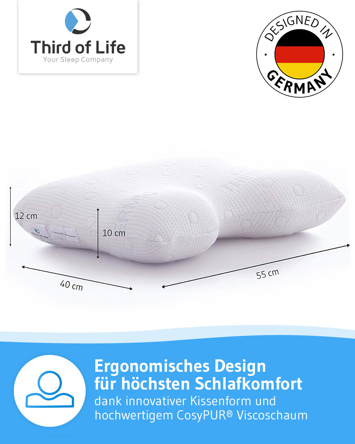 GIANFAR Nackenstützkissen mit Nackenbogen aus Visco Schaum mit Klimabezug - Third of Life