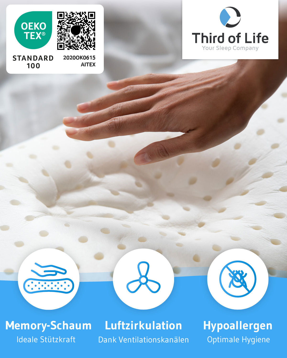 HADAR Nackenstütz-Kopfkissen, höhenverstellbar und ergonomisch aus Visco Schaum - Third of Life