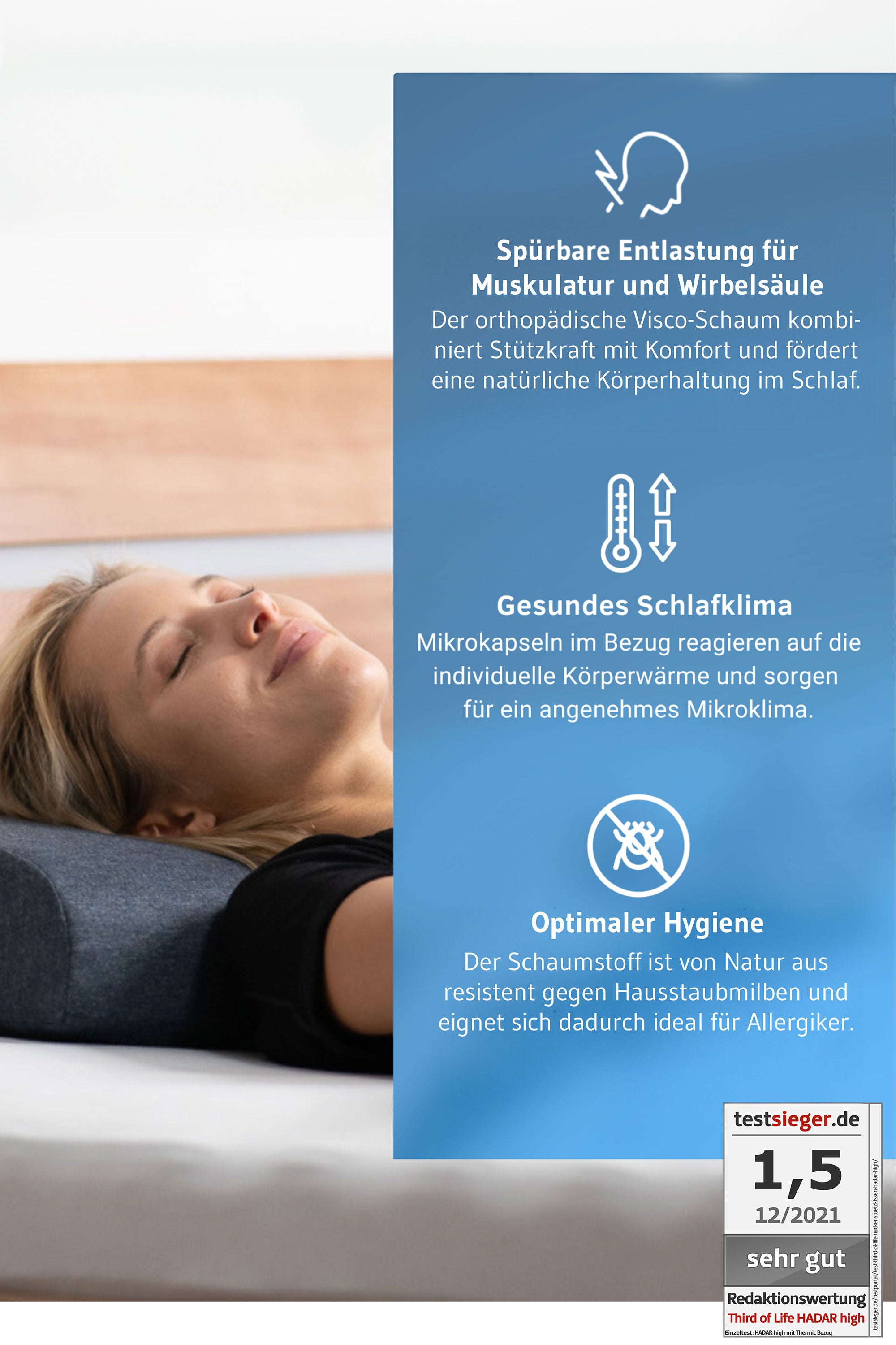 HADAR Nackenstütz-Kopfkissen, höhenverstellbar und ergonomisch aus Visco Schaum - Third of Life