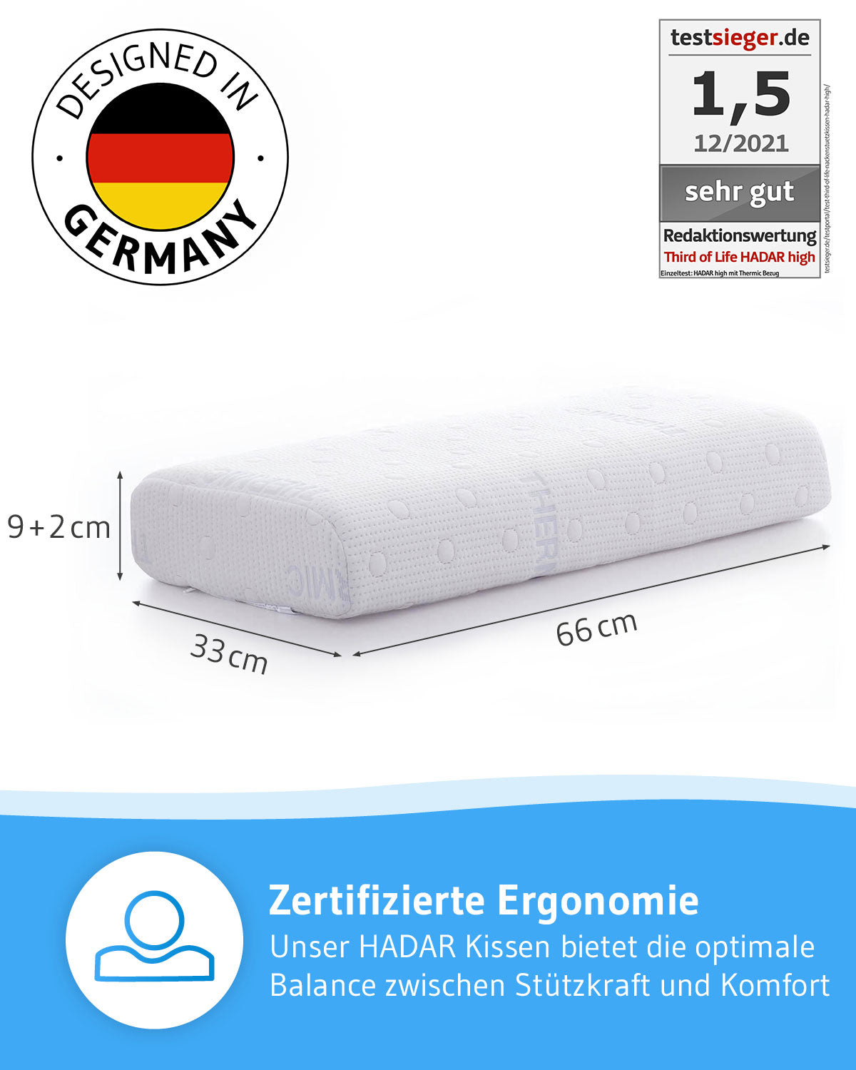 HADAR Nackenstütz-Kopfkissen, höhenverstellbar und ergonomisch aus Visco Schaum - Third of Life