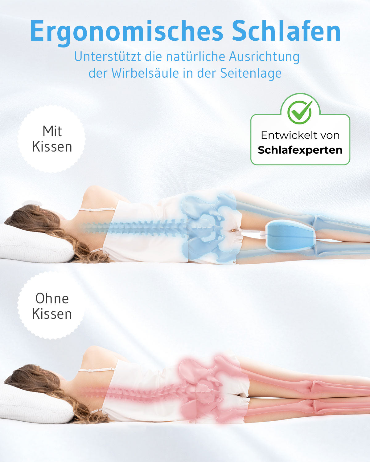 Kniekissen für Seitenschläfer, orthopädisch aus Visco-Schaum - Third of Life