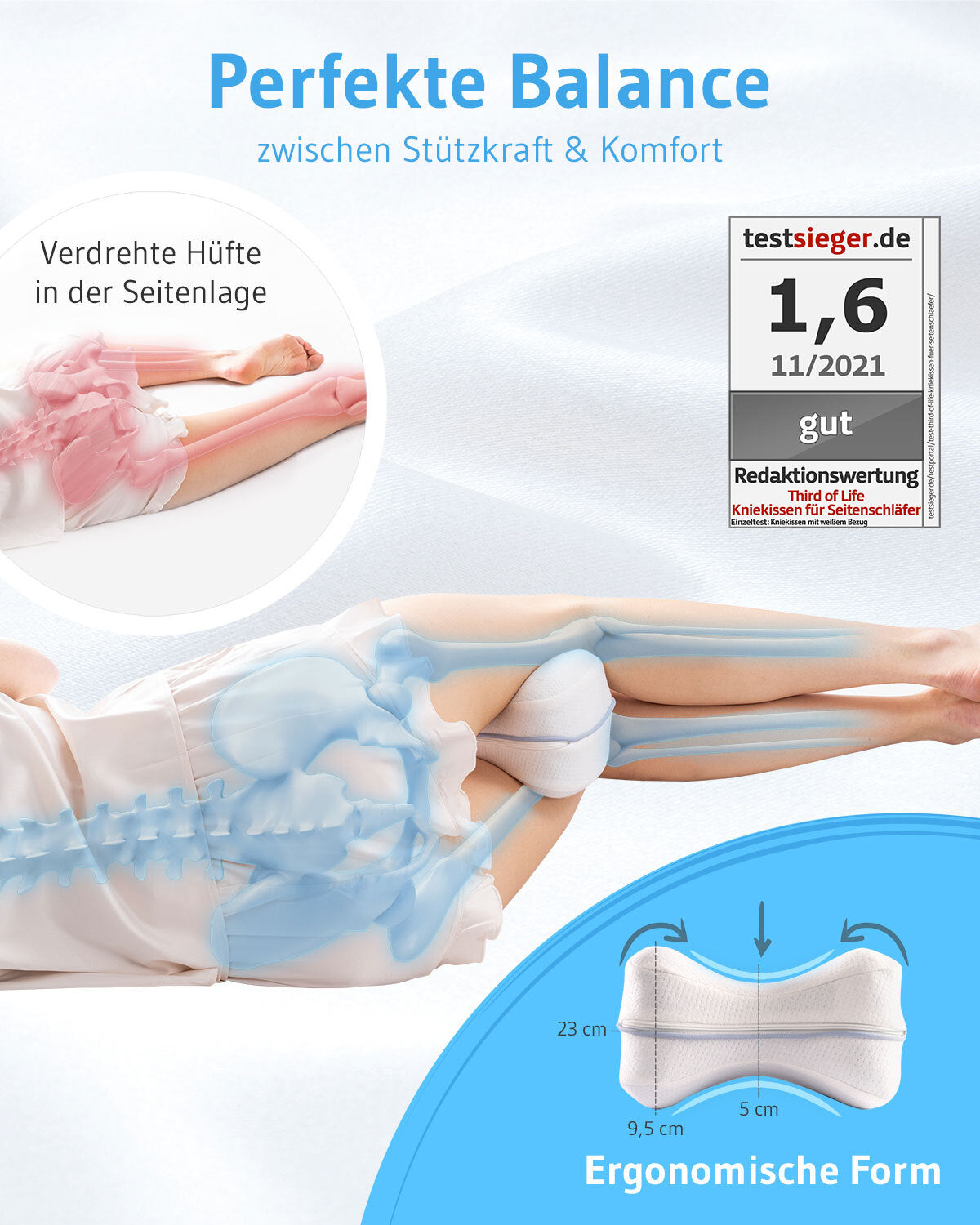 Kniekissen für Seitenschläfer, orthopädisch aus Visco-Schaum - Third of Life