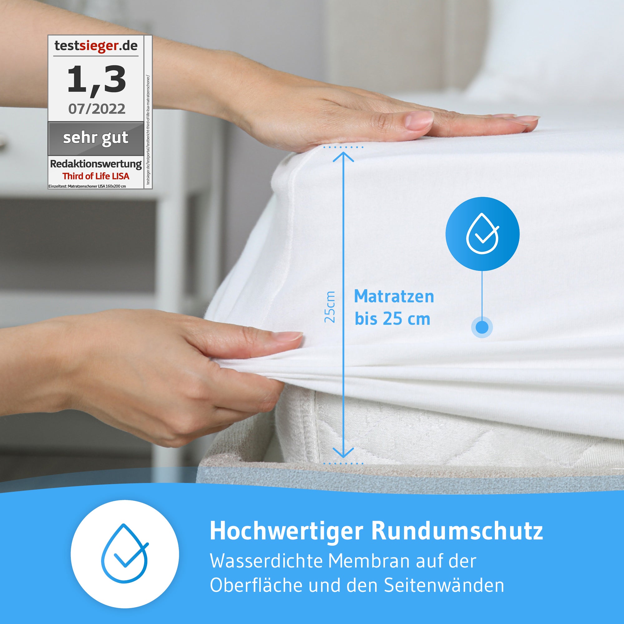 LISA Matratzenschoner - 100% wasserdicht, mit Seitenwänden (25cm) , für Allergiker - Third of Life