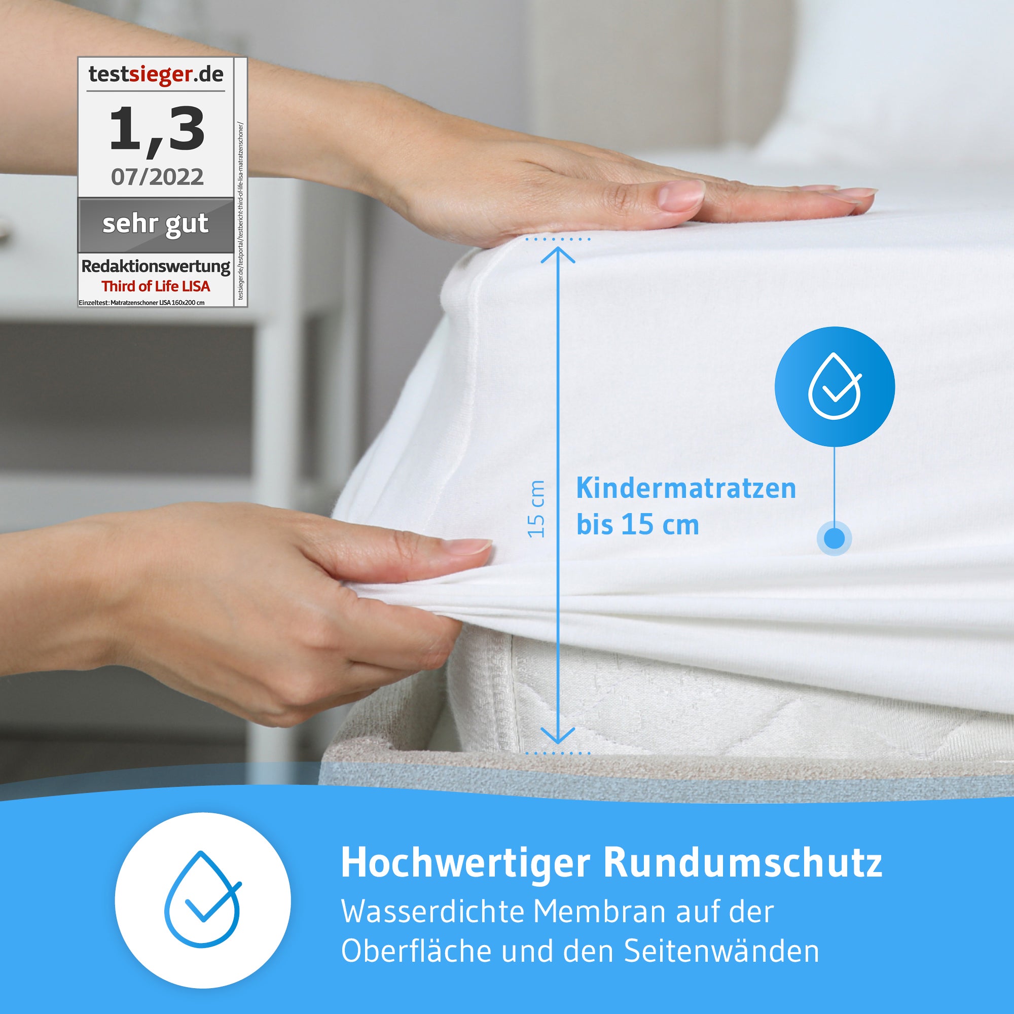LISA Matratzenschoner - 100% wasserdicht, mit Seitenwänden (25cm) , für Allergiker - Third of Life