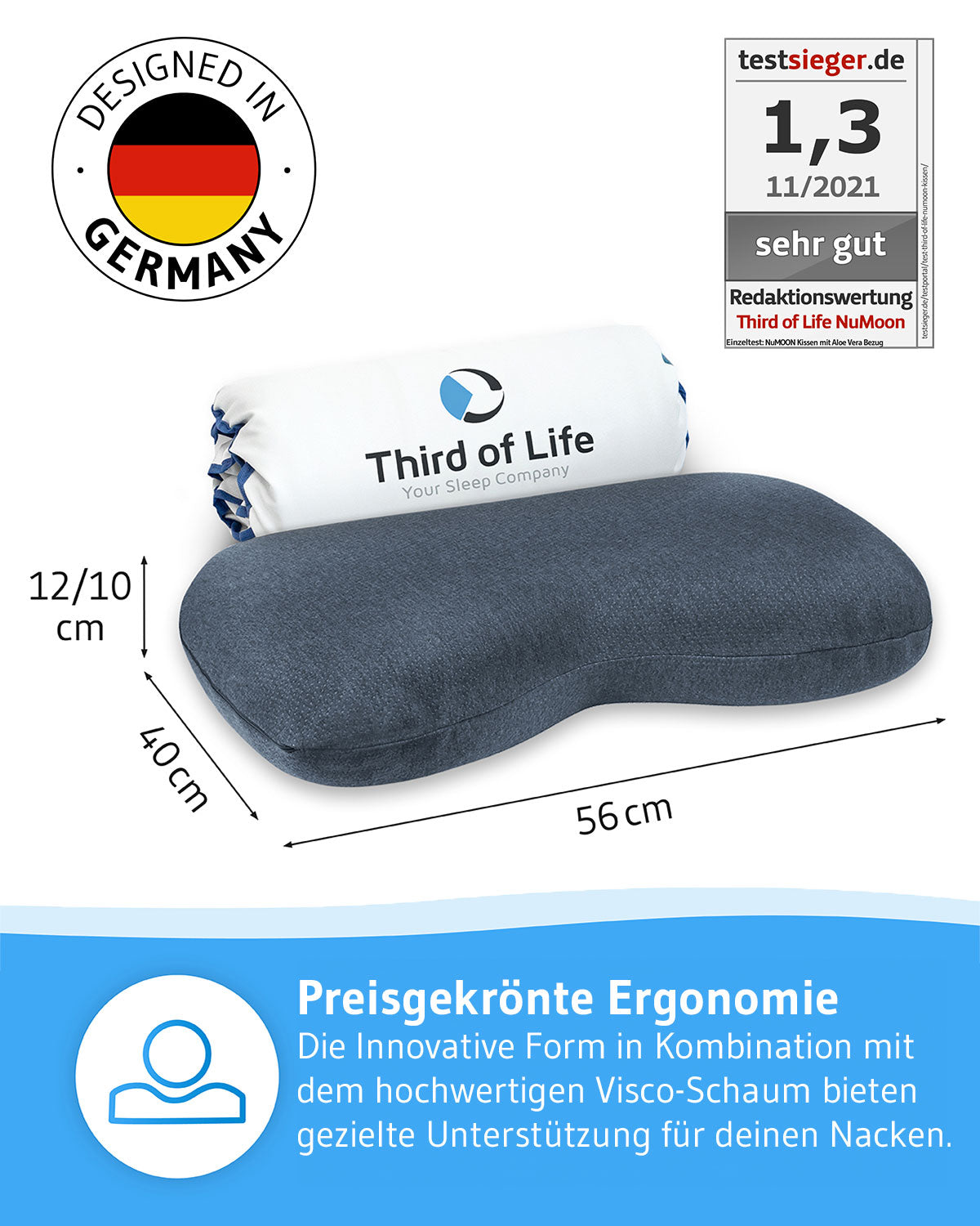 NuMOON QuickDry Nackenstützkissen mit Bambus-Aktivkohle aus Visco Schaum - Third of Life