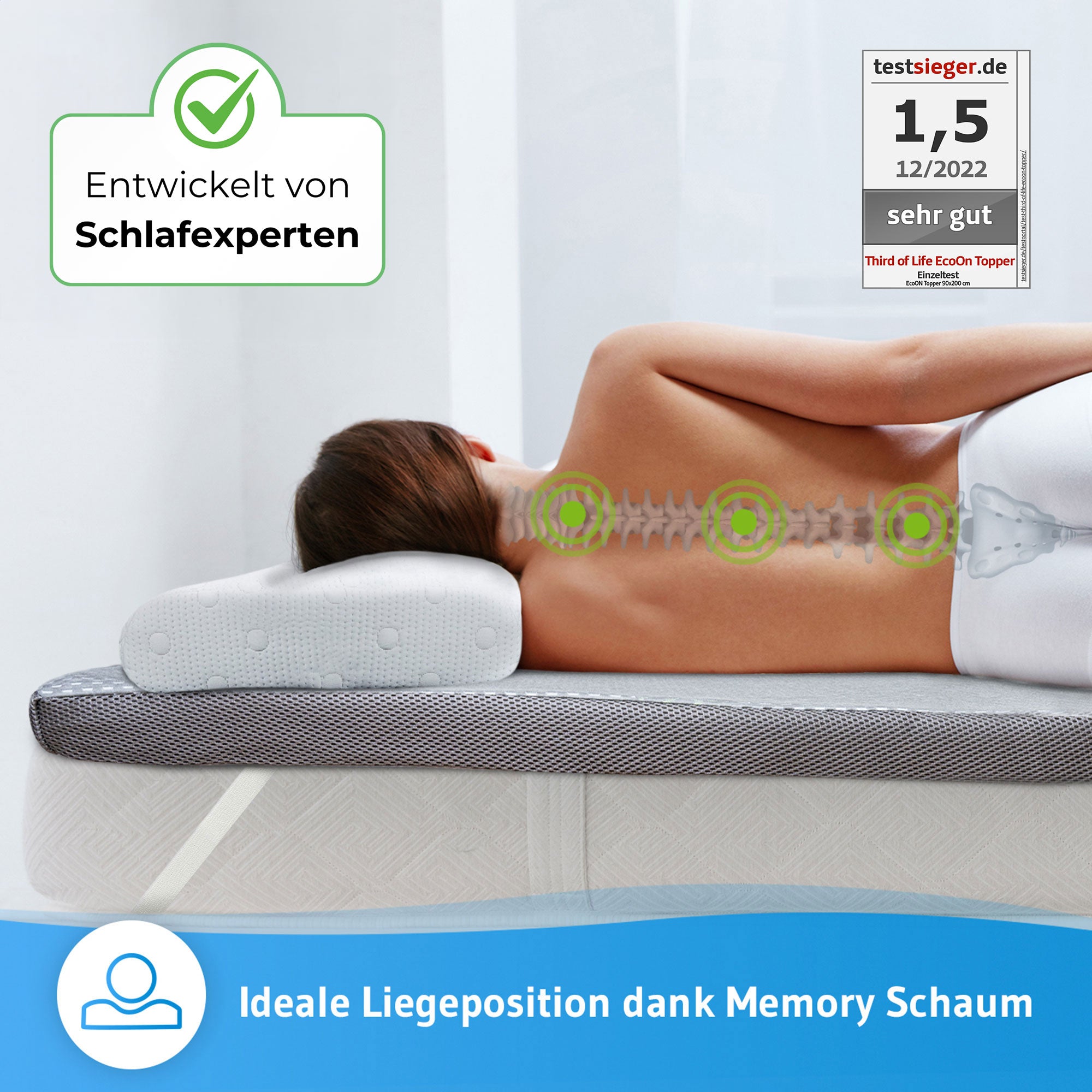 Topper RenewON - Ergonomische Matratzentopper aus Memory-Schaum mit Anti-Statischer & Anti-Bakterieller Graphene-Bezug - Third of Life