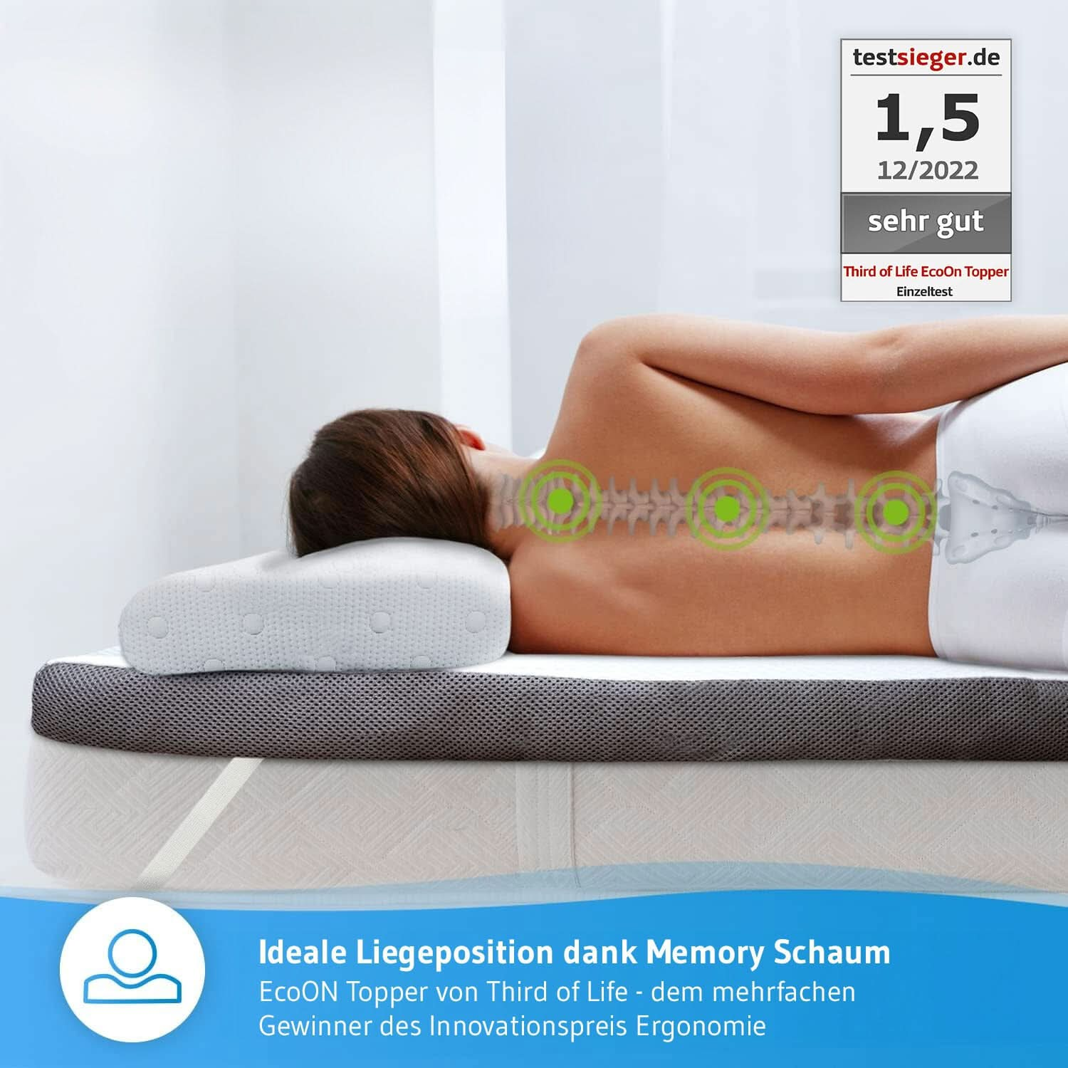 Topper EcoON - Ergonomische Matratzentopper aus Memory-Schaum mit Bezug aus nachhaltigem Tencel - Third of Life