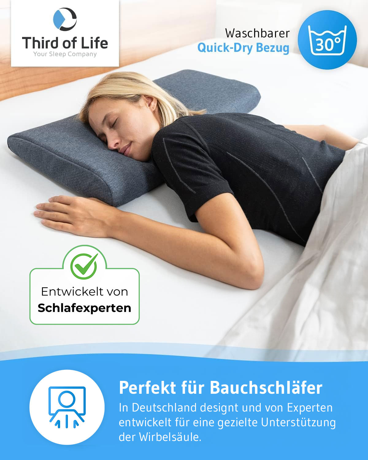 HADAR low - Flaches Bauchschläferkissen für erholsame Nächte - Ergonomisch aus Visco Schaum - Third of Life