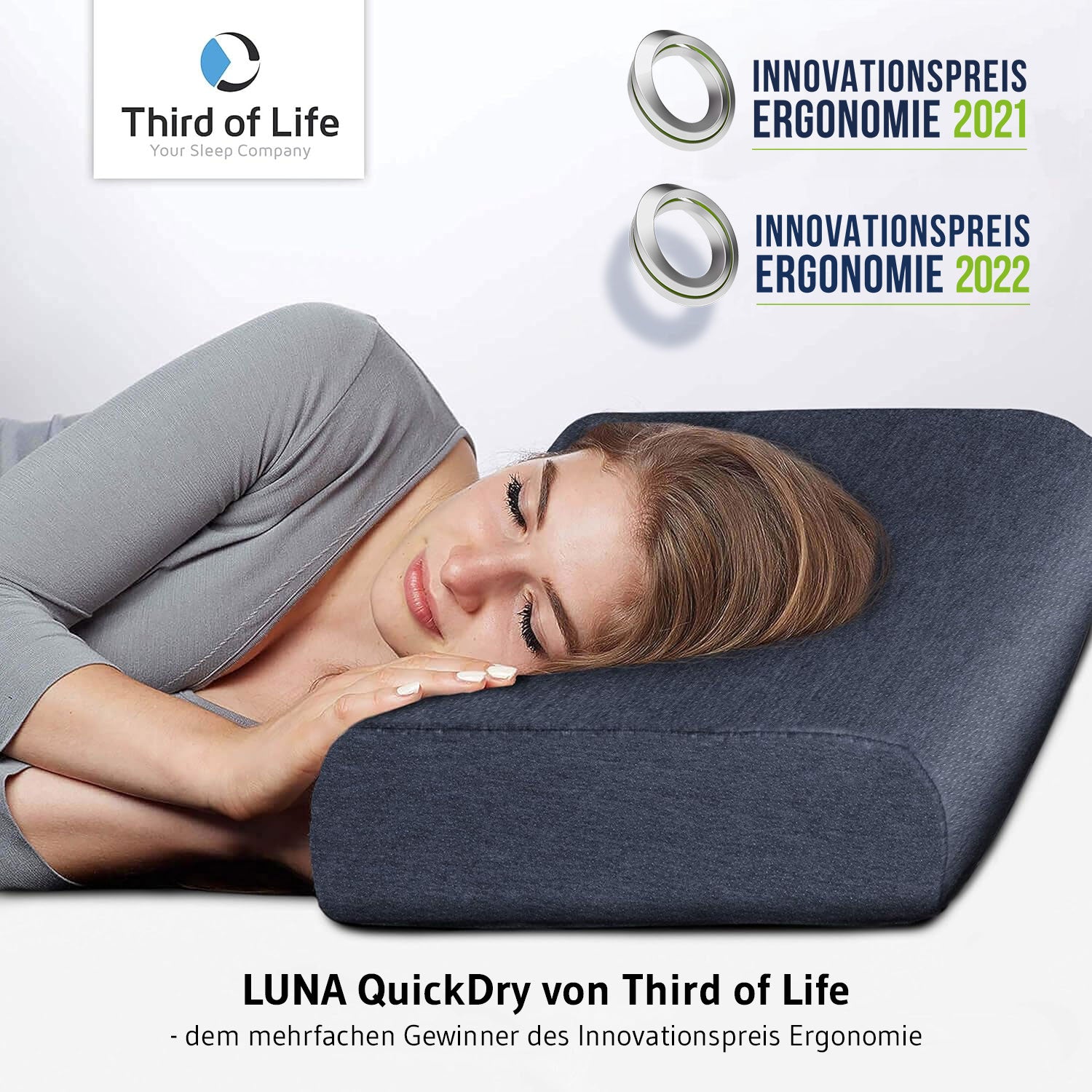 Nackenstützkissen LUNA QuickDry mit Schulterbogen für Seiten- und Rückenschläfer, aus Visco Schaum, höhenverstellbar und ergonomisch - Third of Life