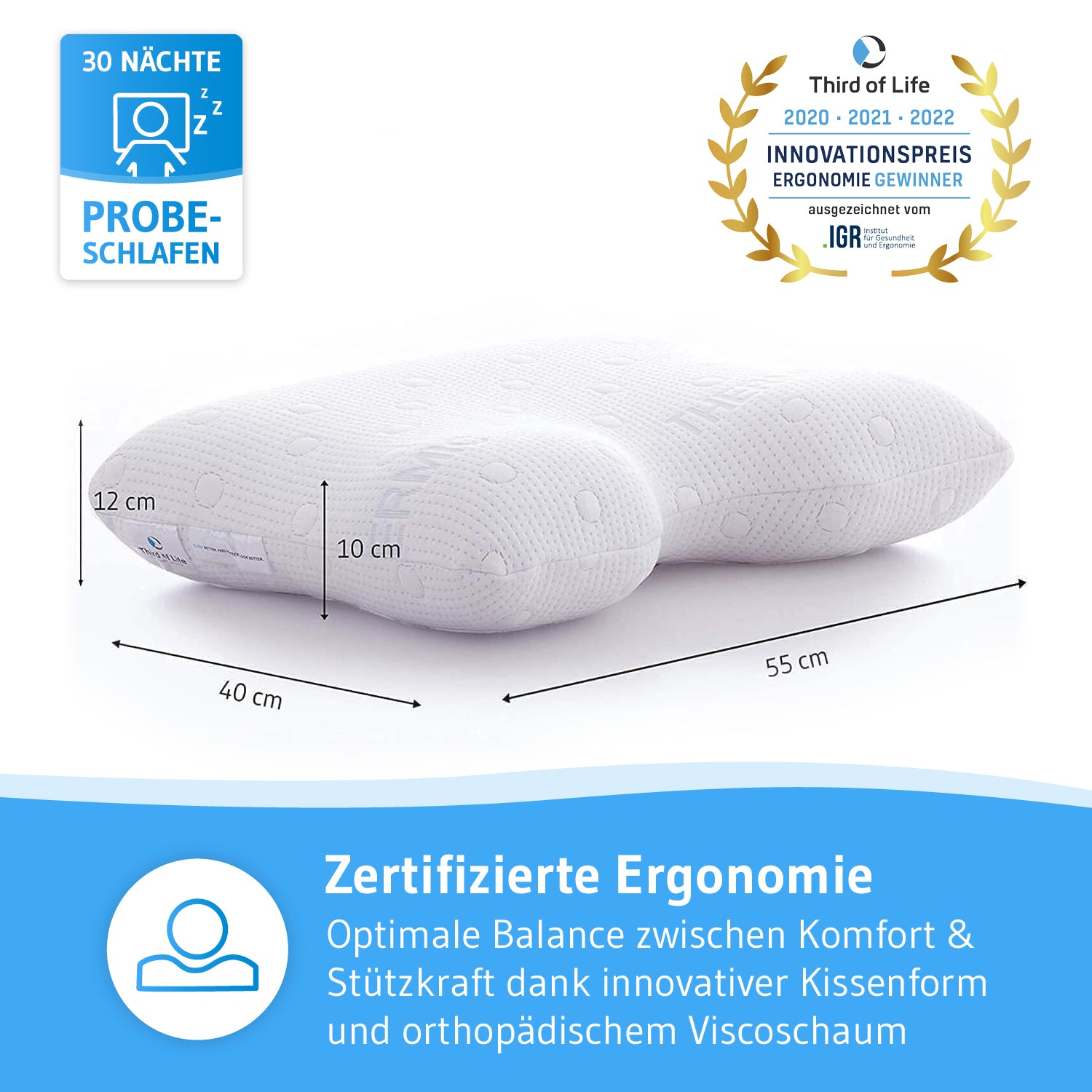 Seitenschläferkissen GIANFAR mit Nackenbogen, orthopädisches HWS Nackenstützkissen aus Visco Schaum mit Klimabezug - Third of Life