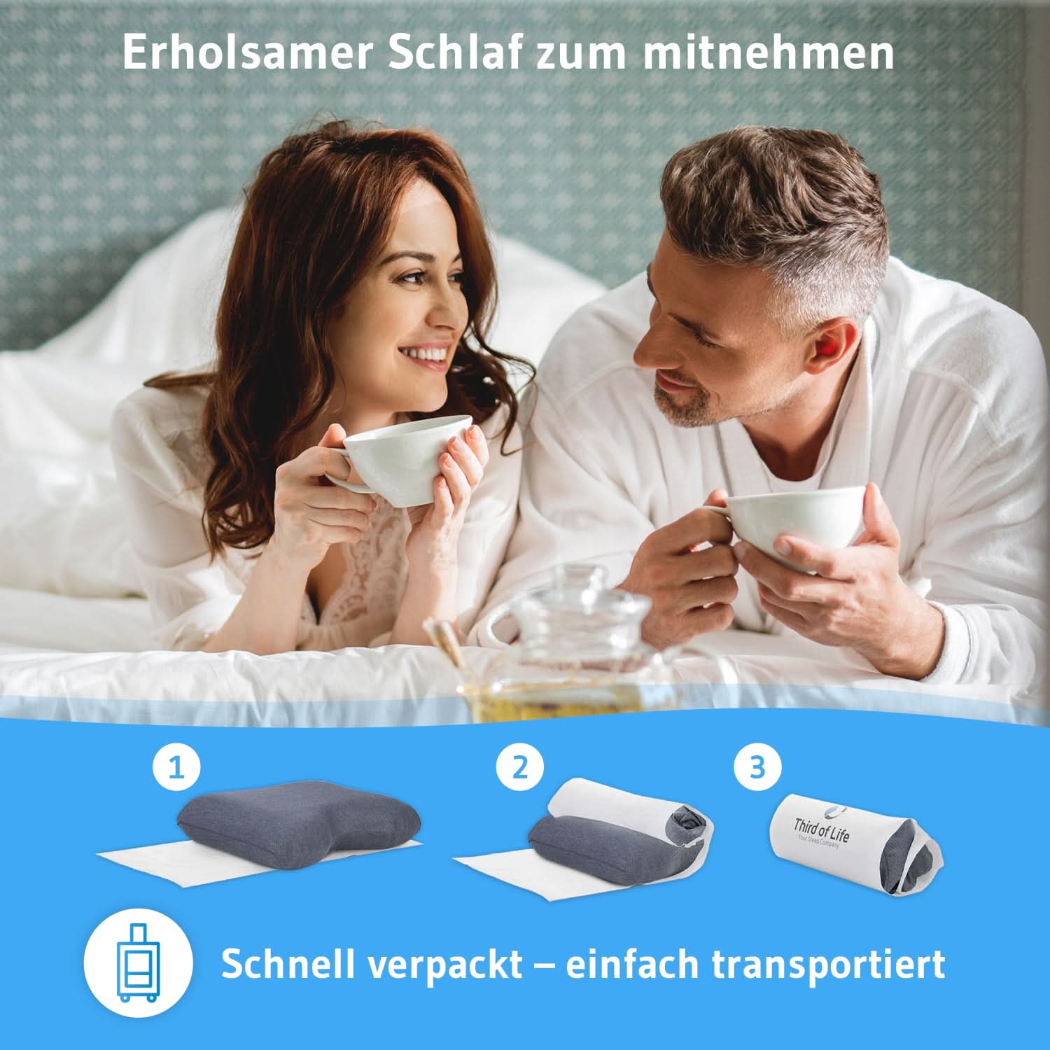 Seitenschläferkissen GIANFAR mit Nackenbogen, orthopädisches HWS Nackenstützkissen aus Visco Schaum mit Klimabezug - Third of Life