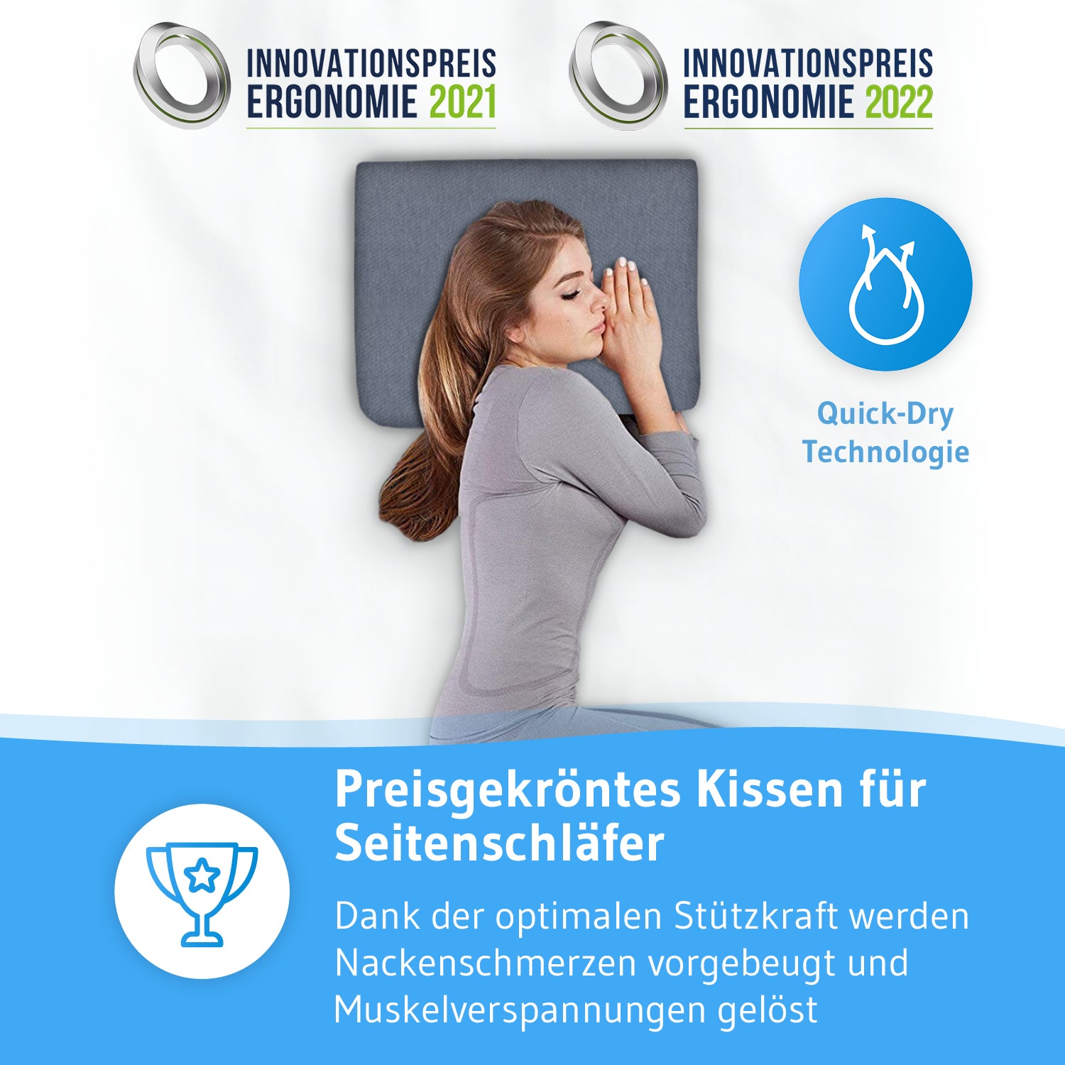 Seitenschläferkissen GIANFAR mit Nackenbogen, orthopädisches HWS Nackenstützkissen aus Visco Schaum mit Klimabezug - Third of Life