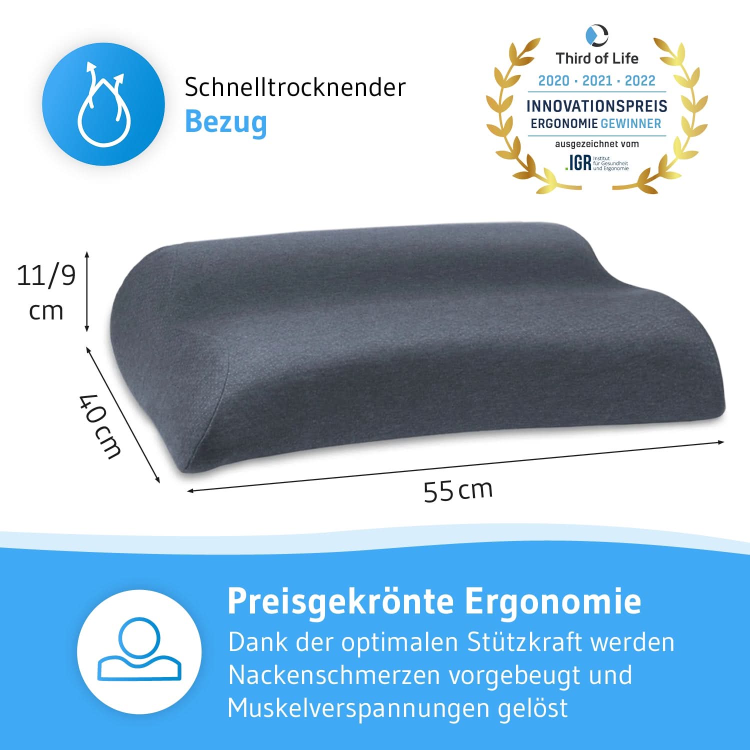 Nackenstützkissen MATAR mit Nackenwelle für Seiten- und Rückenschläfer, aus Visco Schaum, höhenverstellbar und ergonomisch - Third of Life