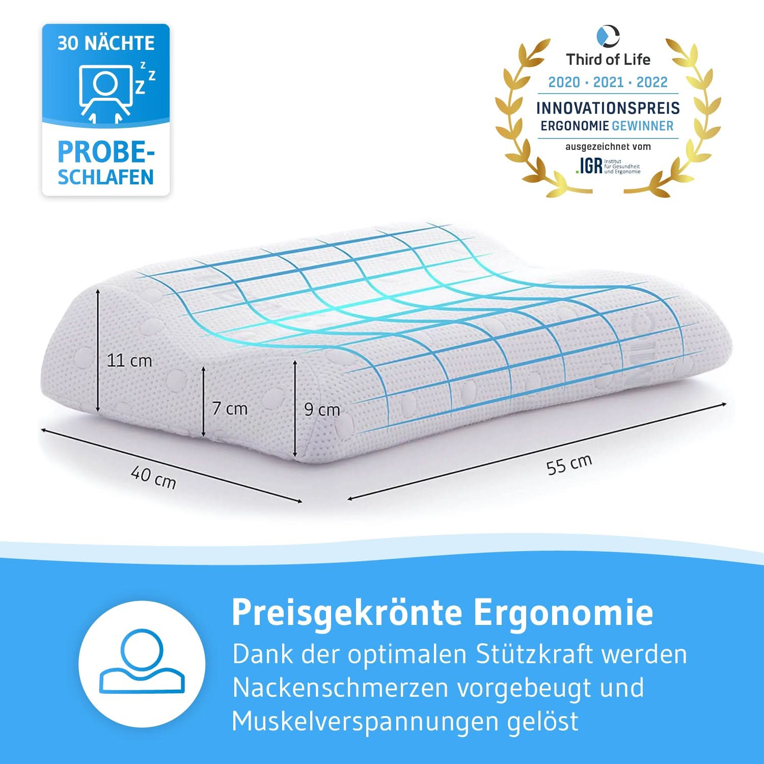 Nackenstützkissen MATAR mit Nackenwelle für Seiten- und Rückenschläfer, aus Visco Schaum, höhenverstellbar und ergonomisch - Third of Life