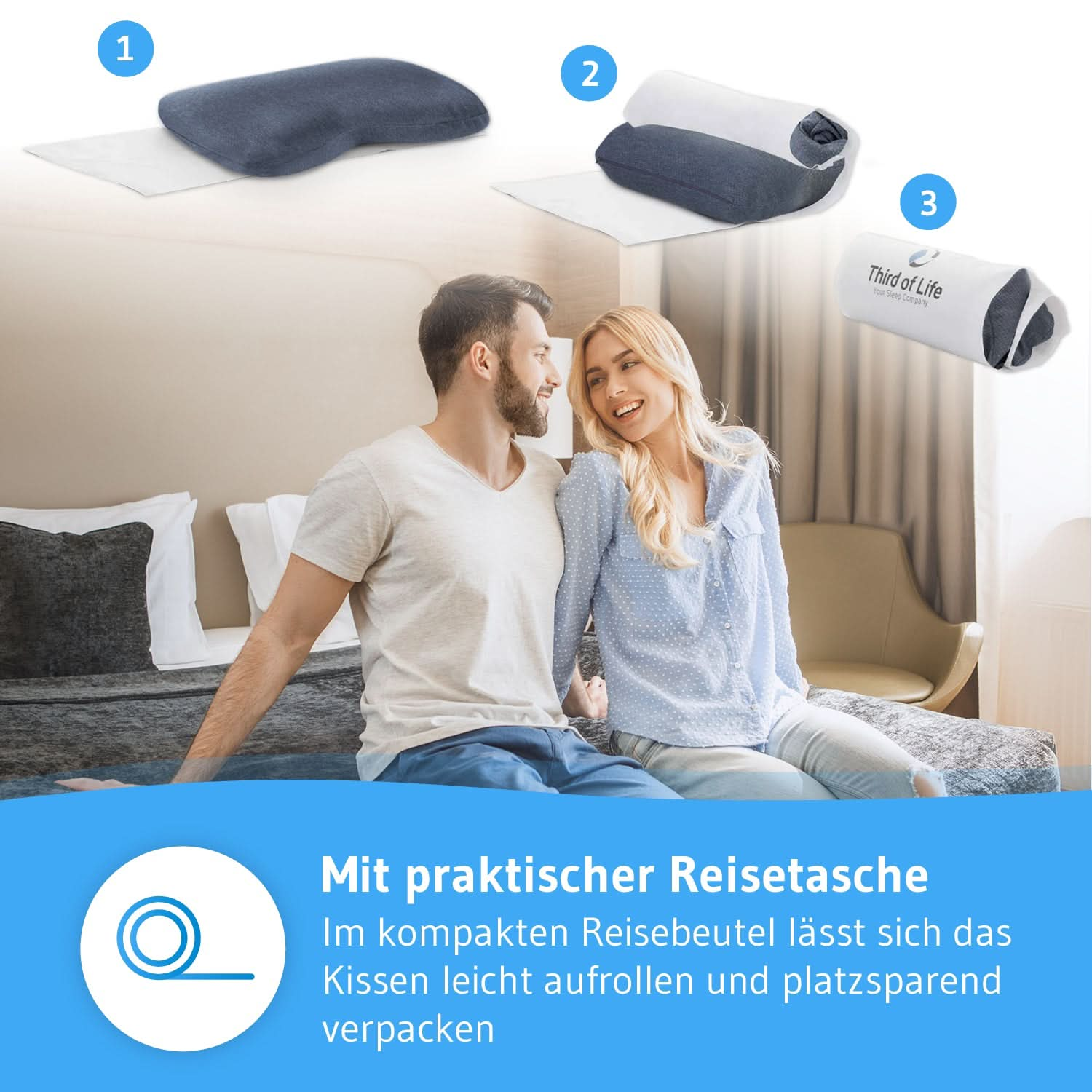 Nackenstützkissen NuMOON QuickDry, Kopfkissen aus Visco Schaum mit Bambus-Aktivkohle und Thermic Bezug, für alle Schlafpositionen geeignet - Third of Life