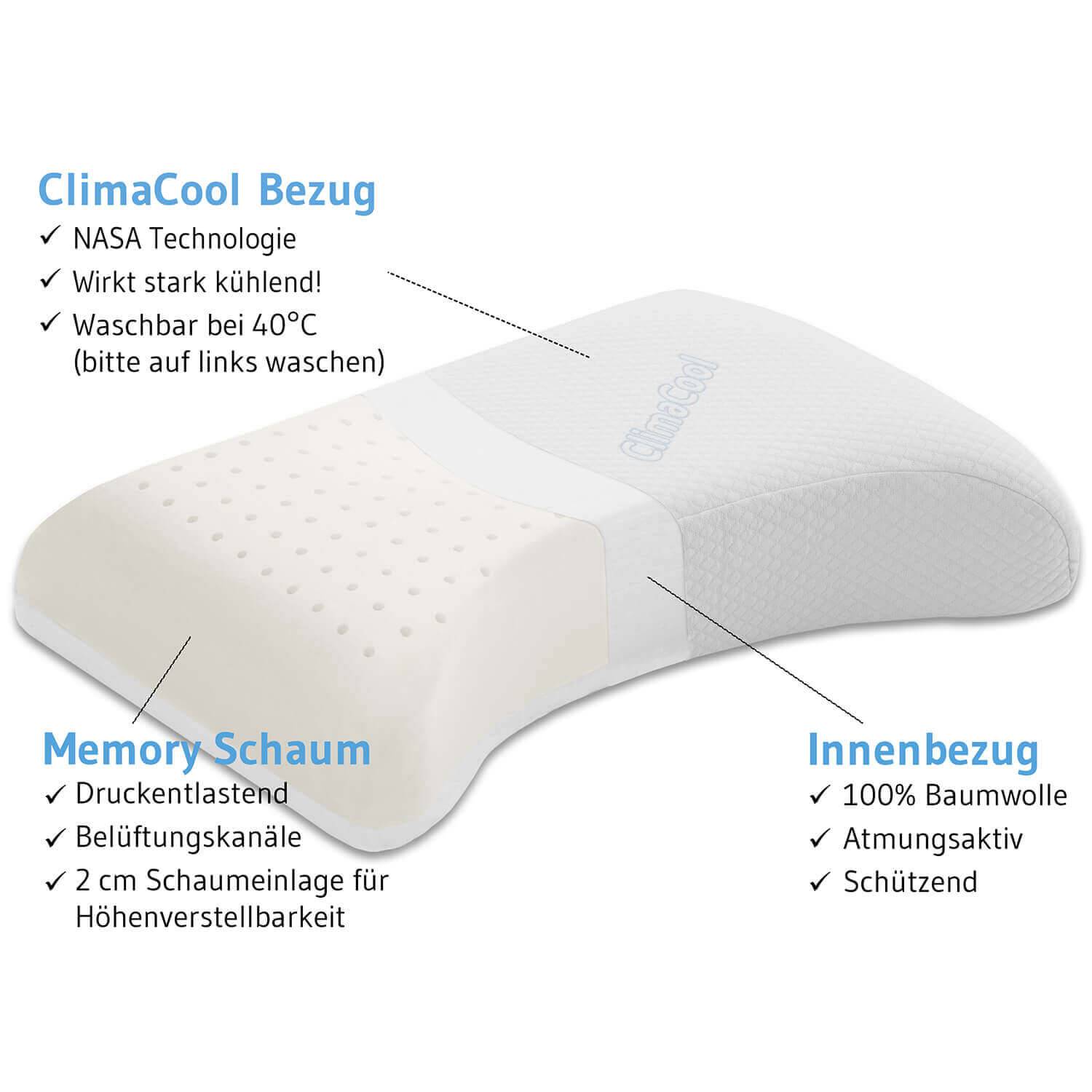 Kühlendes Kopfkissen VITAL ice mit ClimaCool Bezug, höhenverstellbares und  ergonomisches Nackenstützkissen für Rücken- und Seitenschläfer