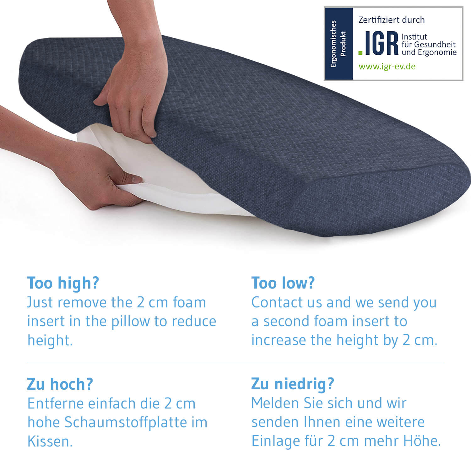 Nackenstützkissen LUNA QuickDry mit Schulterbogen für Seiten- und Rückenschläfer, aus Visco Schaum, höhenverstellbar und ergonomisch - Third of Life