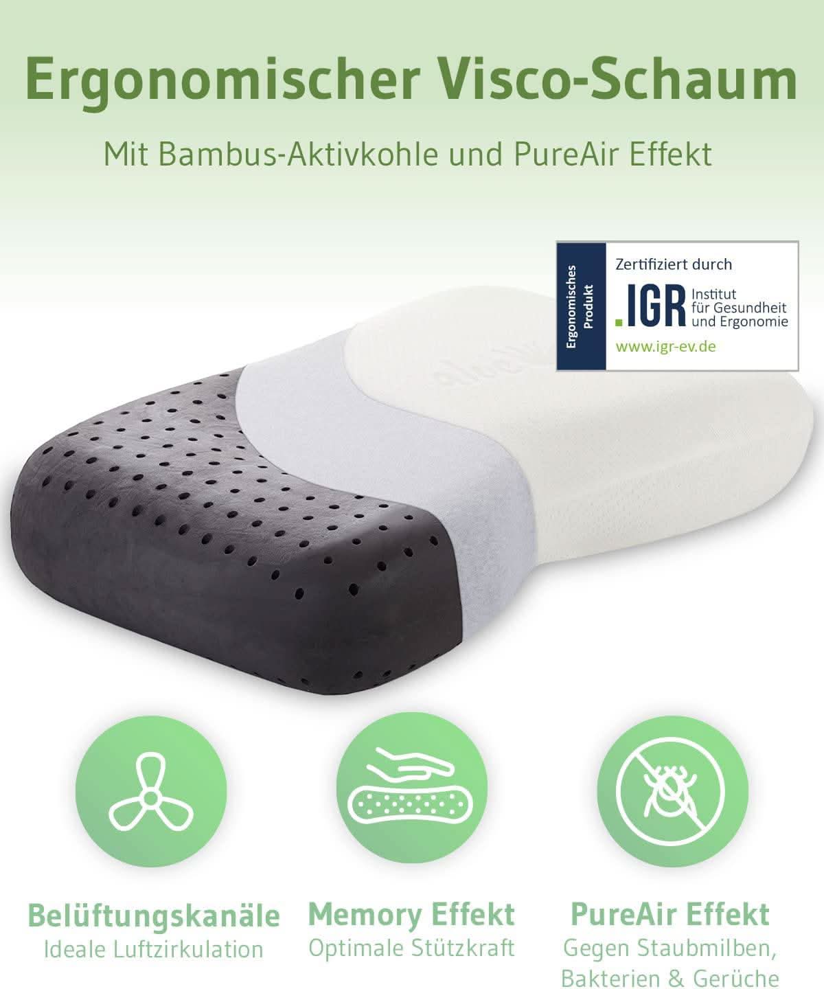 Aloe Vera Nackenstützkissen NuMOON, Kopfkissen aus Visco Schaum mit Bambus-Aktivkohle, hautpflegender Bezug, für alle Schlafpositionen geeignet - Third of Life