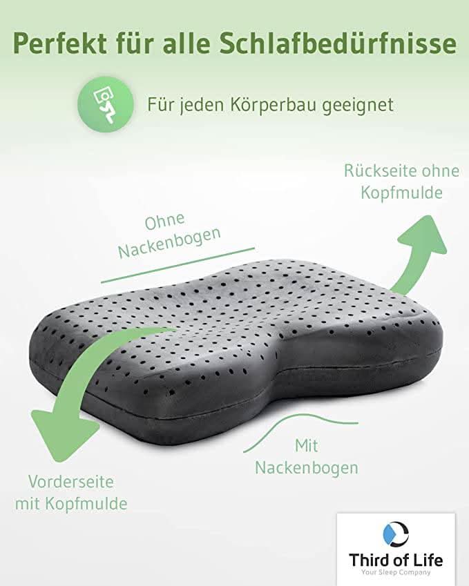 Aloe Vera Nackenstützkissen NuMOON, Kopfkissen aus Visco Schaum mit Bambus-Aktivkohle, hautpflegender Bezug, für alle Schlafpositionen geeignet - Third of Life