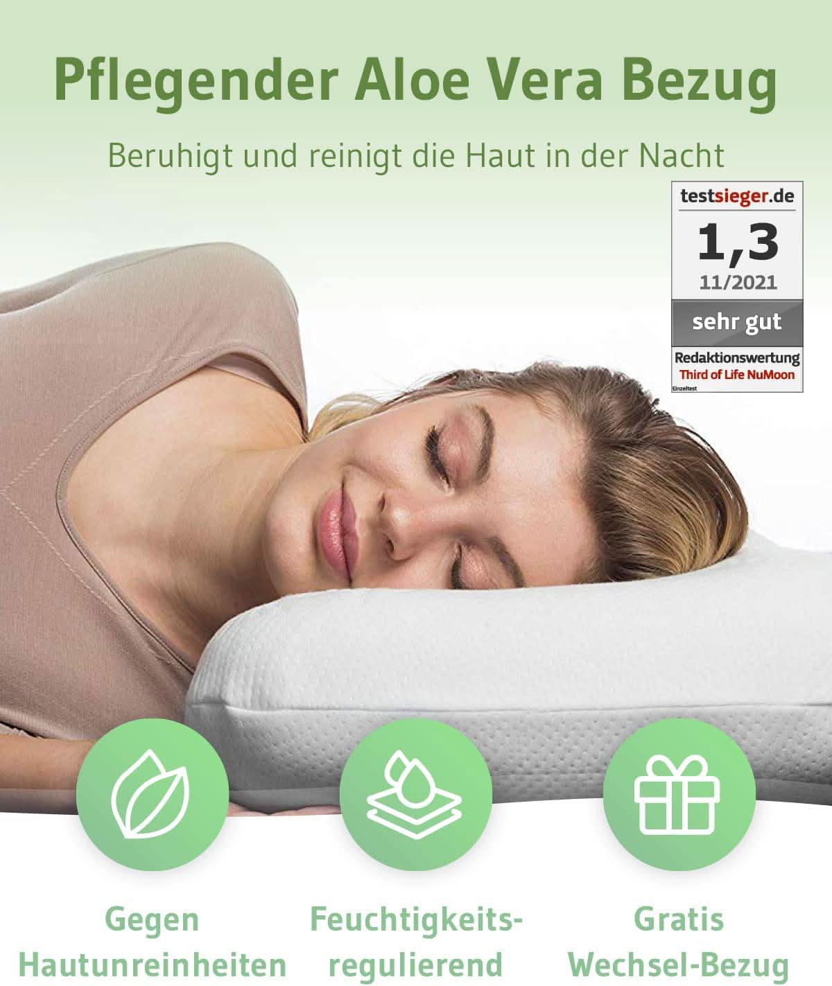 Aloe Vera Nackenstützkissen NuMOON, Kopfkissen aus Visco Schaum mit Bambus-Aktivkohle, hautpflegender Bezug, für alle Schlafpositionen geeignet - Third of Life