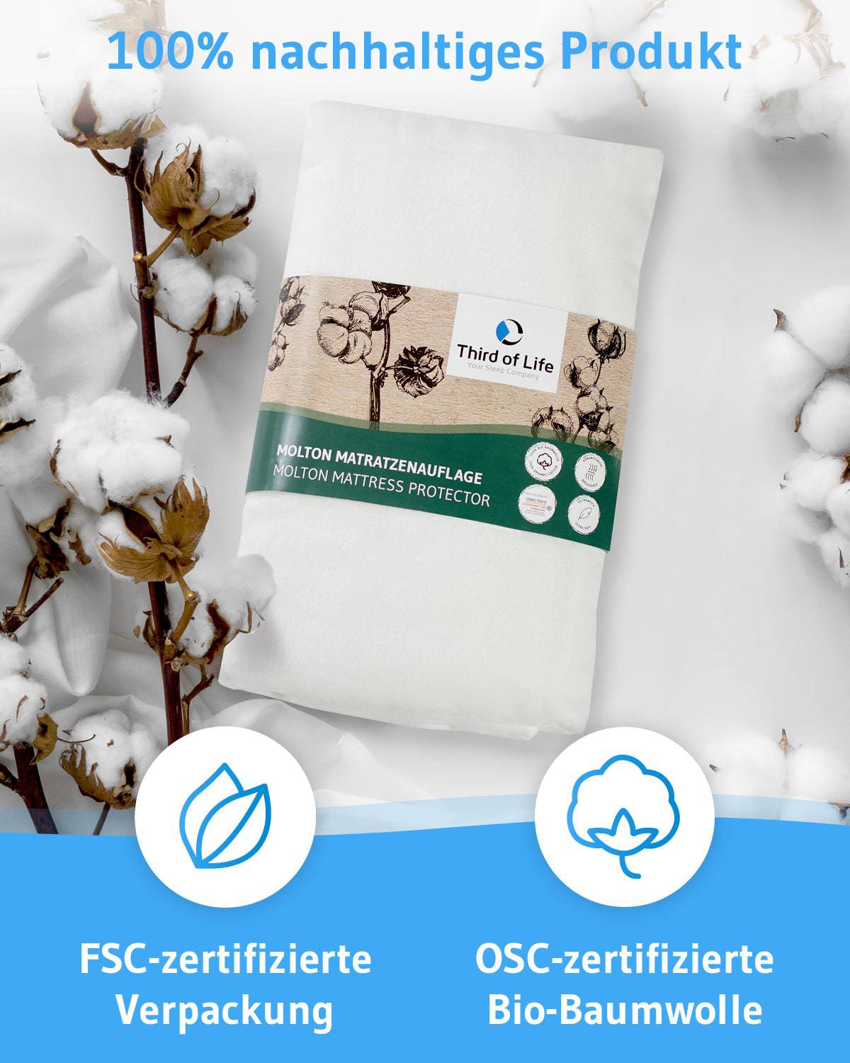 Nachhaltige Molton Matratzenauflage ERIKA mit 100% zertifizierter Bio-Baumwolle - Third of Life