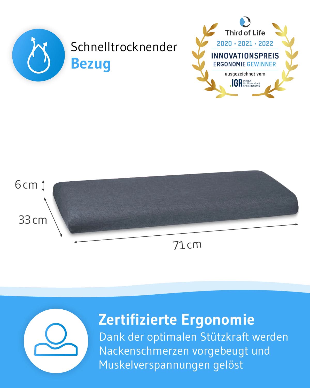 Bauchschläferkissen HADAR low 6 cm hoch aus Visco Schaum, zertifizierte Ergonomie und Thermoregulierung, passt in 40 x 80 cm Bezug - Third of Life
