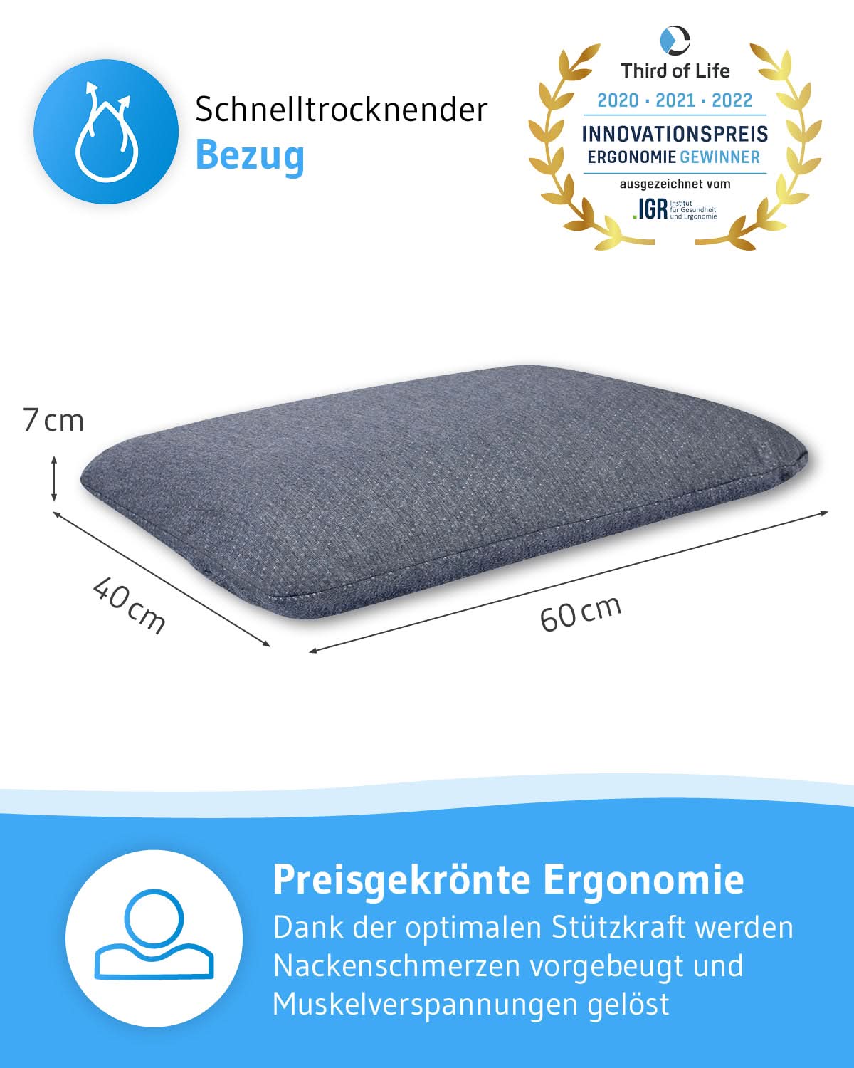 Bauchschläferkissen MIZAR, 7 cm hoch und extra weich für Bauchschläfer, ergonomisches Kissen aus Visco Schaum, 40 x 60 cm - Third of Life